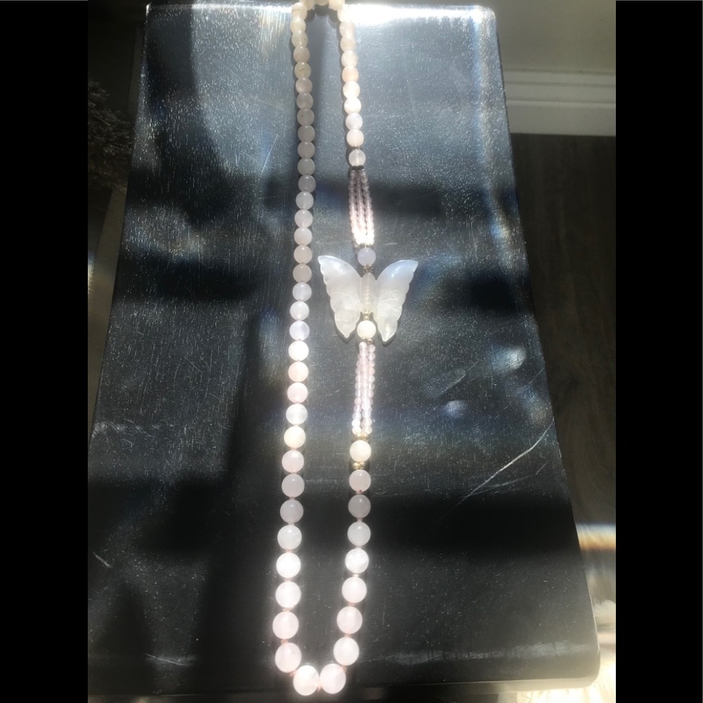 Vintage Authentic Rose Quartz Butterfly Necklace
